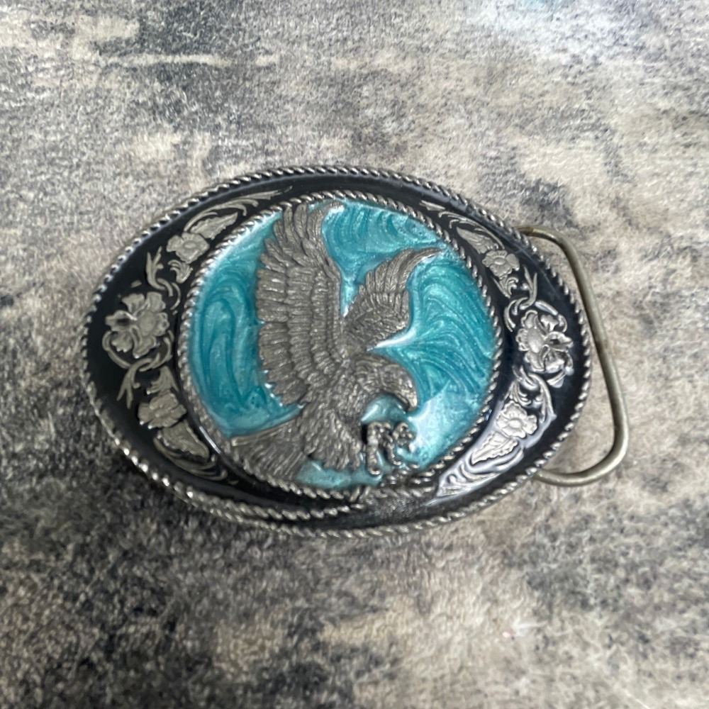 Vtg 1991 Siskiyou Flying Eagle Belt Buckle Silver Turquoise Enamel Metal
